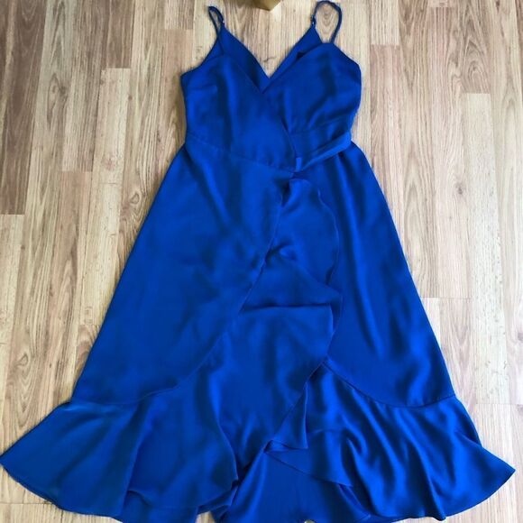 Lulus Manhattan Moment Ruffled Midi Wrap Dress Blue Straps Sleeveless - Picture 4 of 10